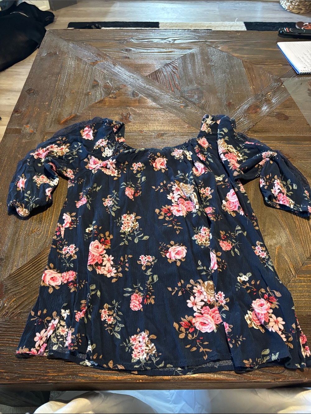 Navy Floral Peasant Top
